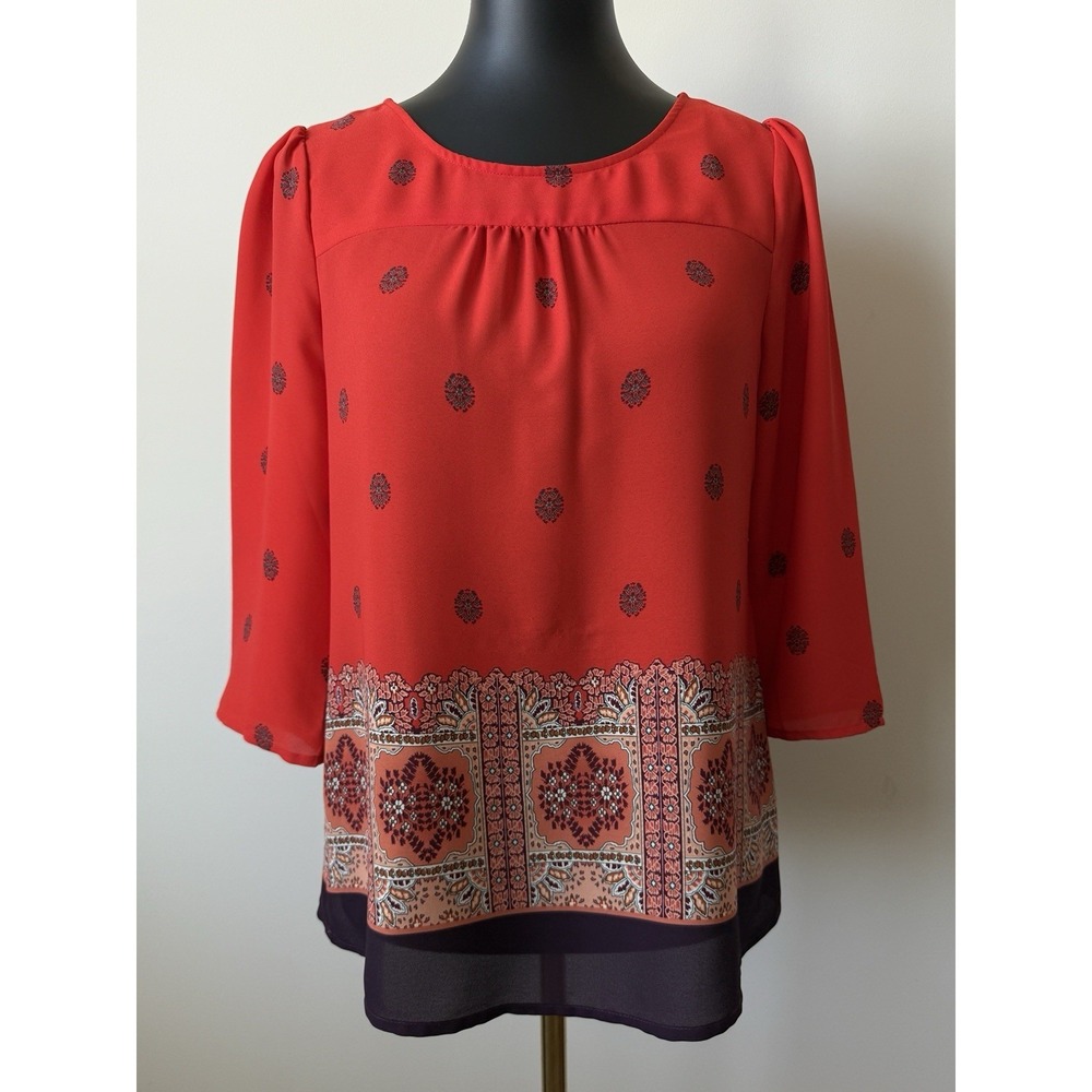 Anthropologie Maeve Women's 6 Rila Bordered Print Blouse Orange NWOT